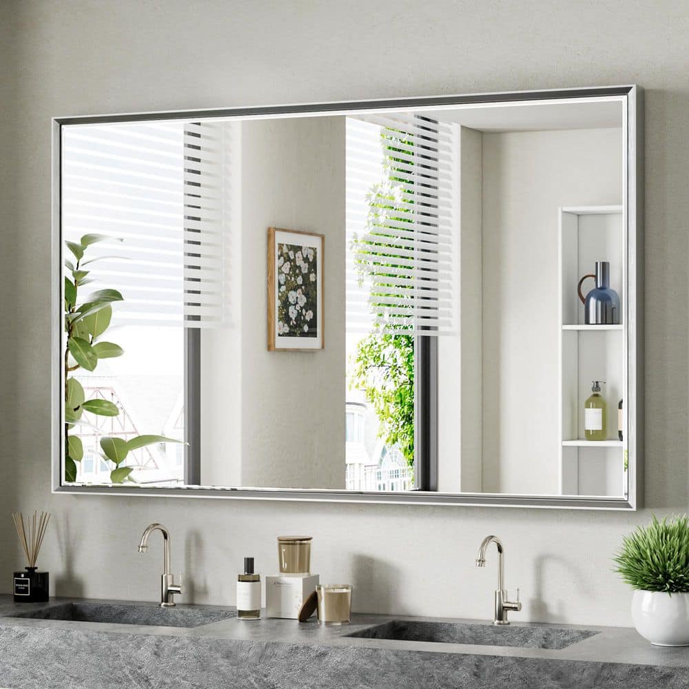 48 in. W x 30 in. H Aluminum Beveled Edge Rectangular Framed Bathroom Vanity Wall Mount Mirror in Brushed Silver price history on PriceWatchPro