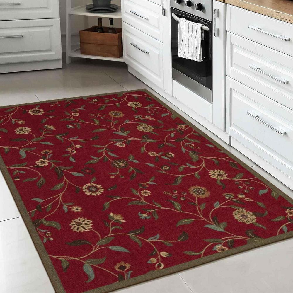 Red Floral Leaves Non-Slip Rubberback 3x5 Area Rug