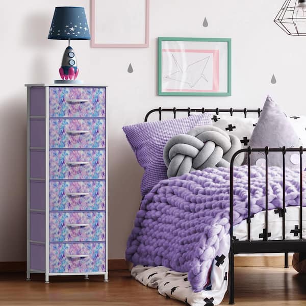 Sorbus Tie-Dye Purple 6 Drawer 15.75 in Wide Chest of Drawers, Tall Dresser with Steel Frame, Wood Top and Foldable Fabric Bins