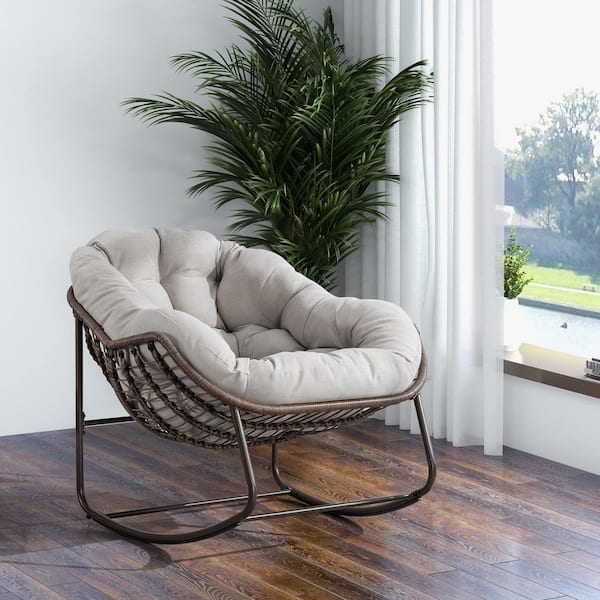 1-Piece Brown Wicker Outdoor Rocking Chair with Beige Cushion