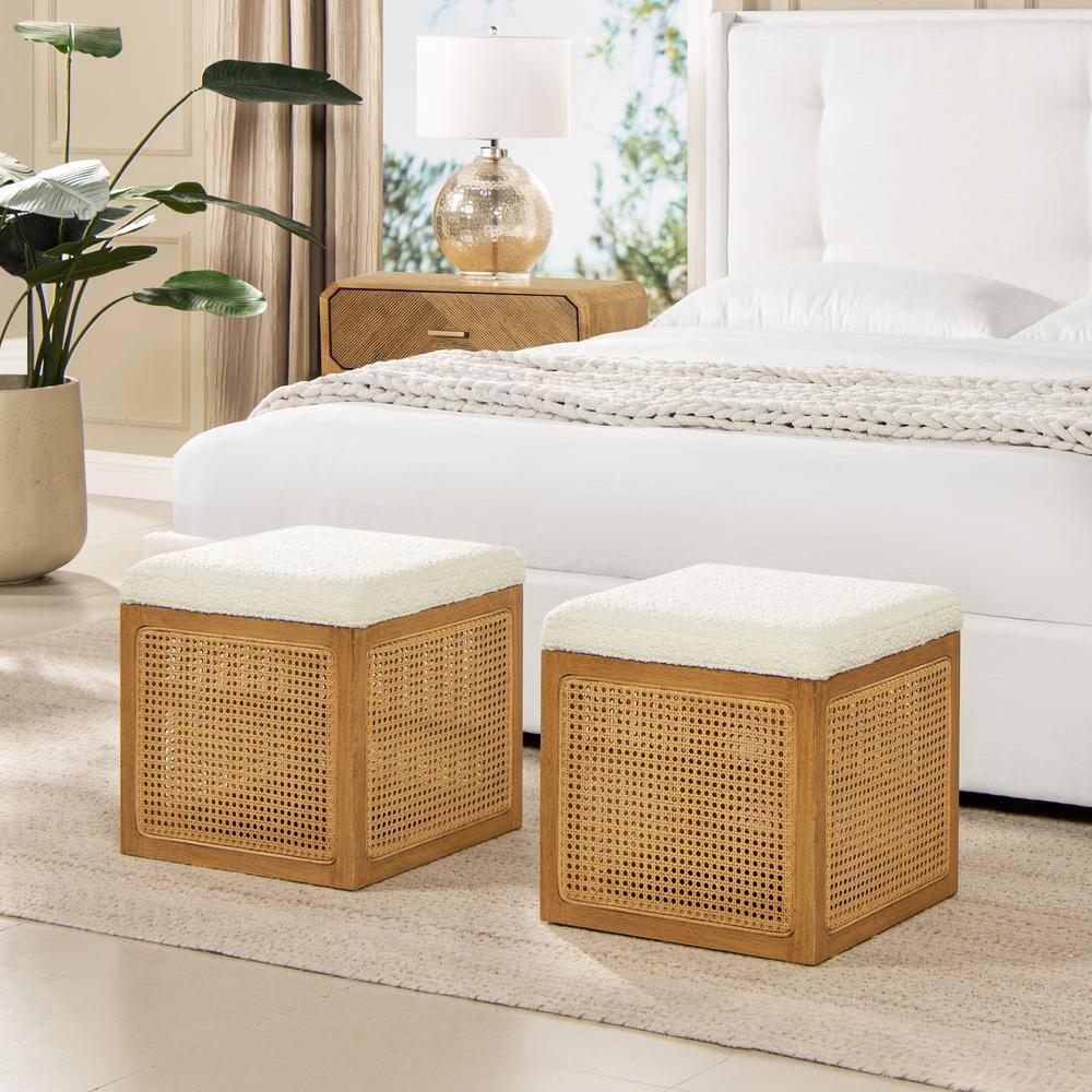 Nina 18" Natural Cane Webbing Cube Ottoman with Boucle Upholstery