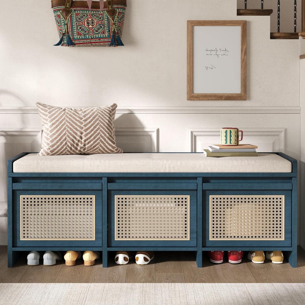 Antique Navy 48 in. W Wood Storage Shoe Bench with Rattan Drawers and Tufted Upholstered Cushion