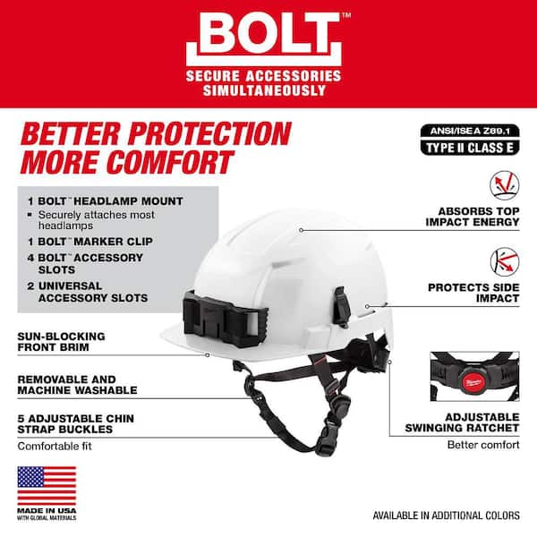 BOLT White Type 2 Class E Front Brim Non-Vented Safety Helmet