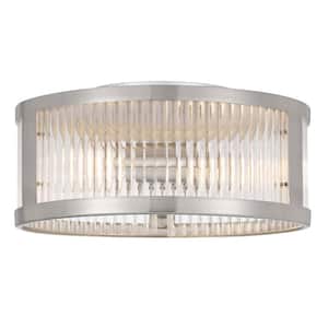Toluca 11.8 in. x 11.8 in. x 5.8 in. 2-Light Brushed Nickel Finish Clear Ribbed Glass Flush Mount