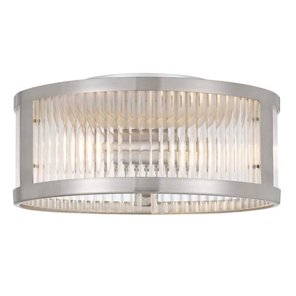 Worldwide Lighting Toluca 11.8 in. x 11.8 in. x 5.8 in. 2-Light Brushed Nickel Finish Clear Ribbed Glass Flush Mount