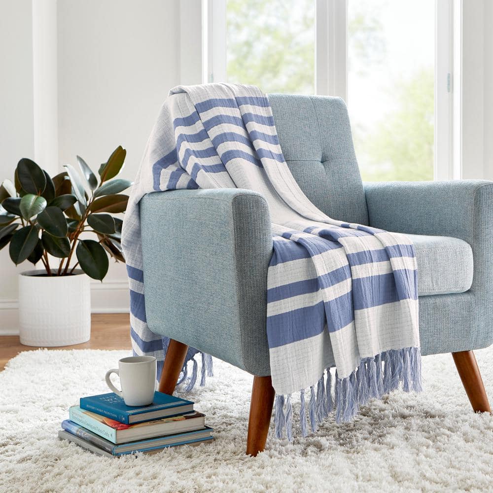 StyleWell Blue and White Stripe Turkish Cotton Gauze Throw Blanket with ...