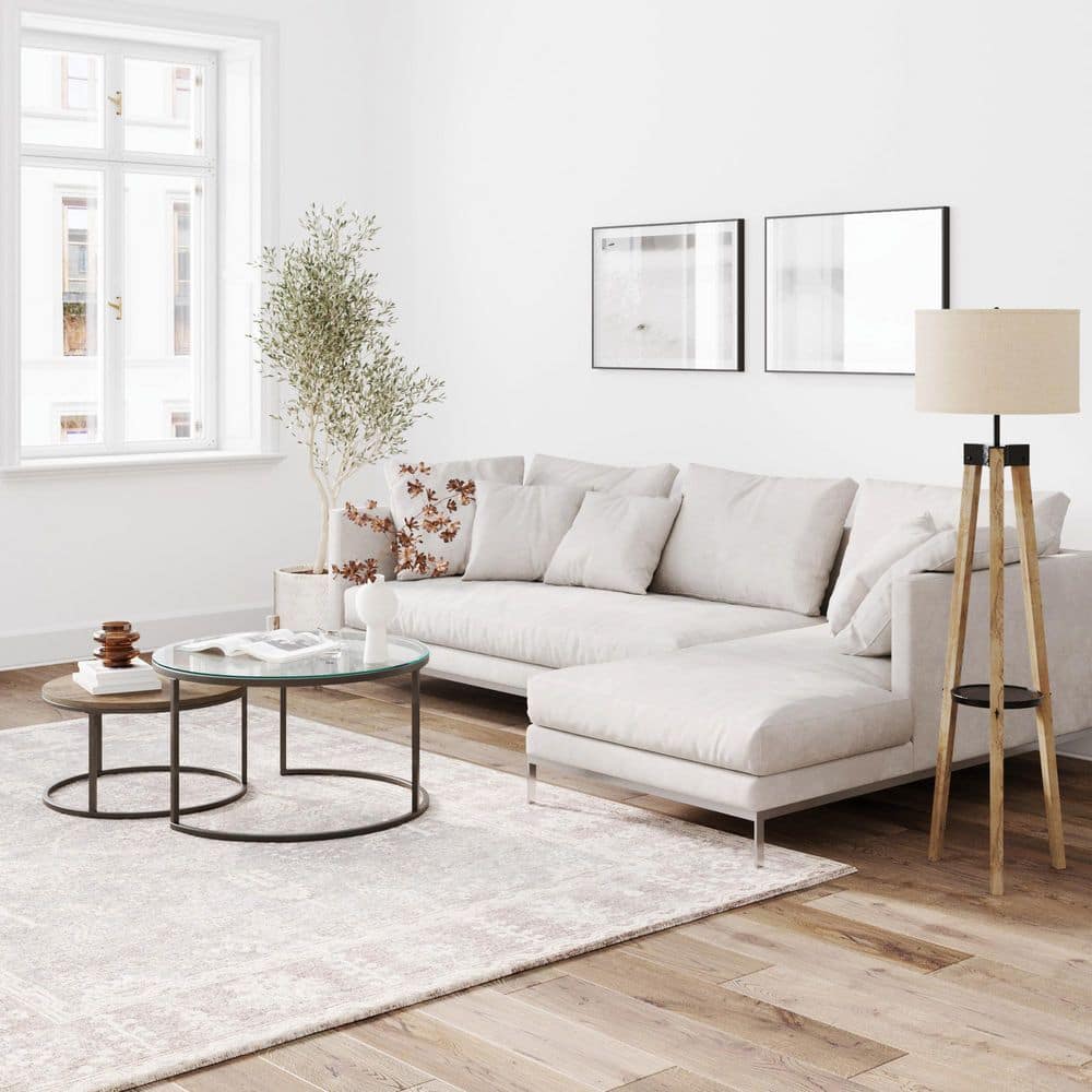 Stella 32" Round Rustic Oak and Glass Nesting Coffee Table Set