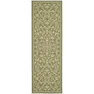 Courtyard Olive/Natural 2 ft. x 7 ft. Border Indoor/Outdoor Patio  Runner Rug