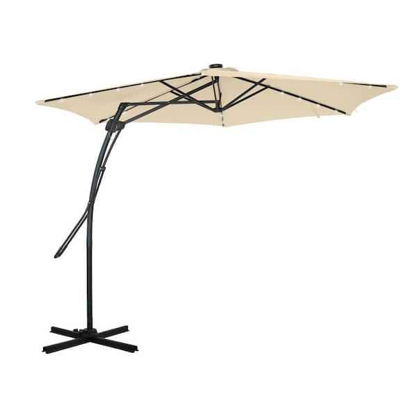 Clihome 10 ft. Square Cantilever Outdoor Market Umbrella in Beige with 360-Degree Rotating Foot Pedal and 24 Light Beads