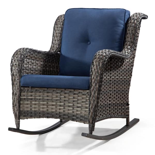 Btmway Indoor and Outdoor PE Wicker Outdoor Rocking Chair with Navy Blue Cushion, Rocker Recliner Chair for Porch, Patio Garden