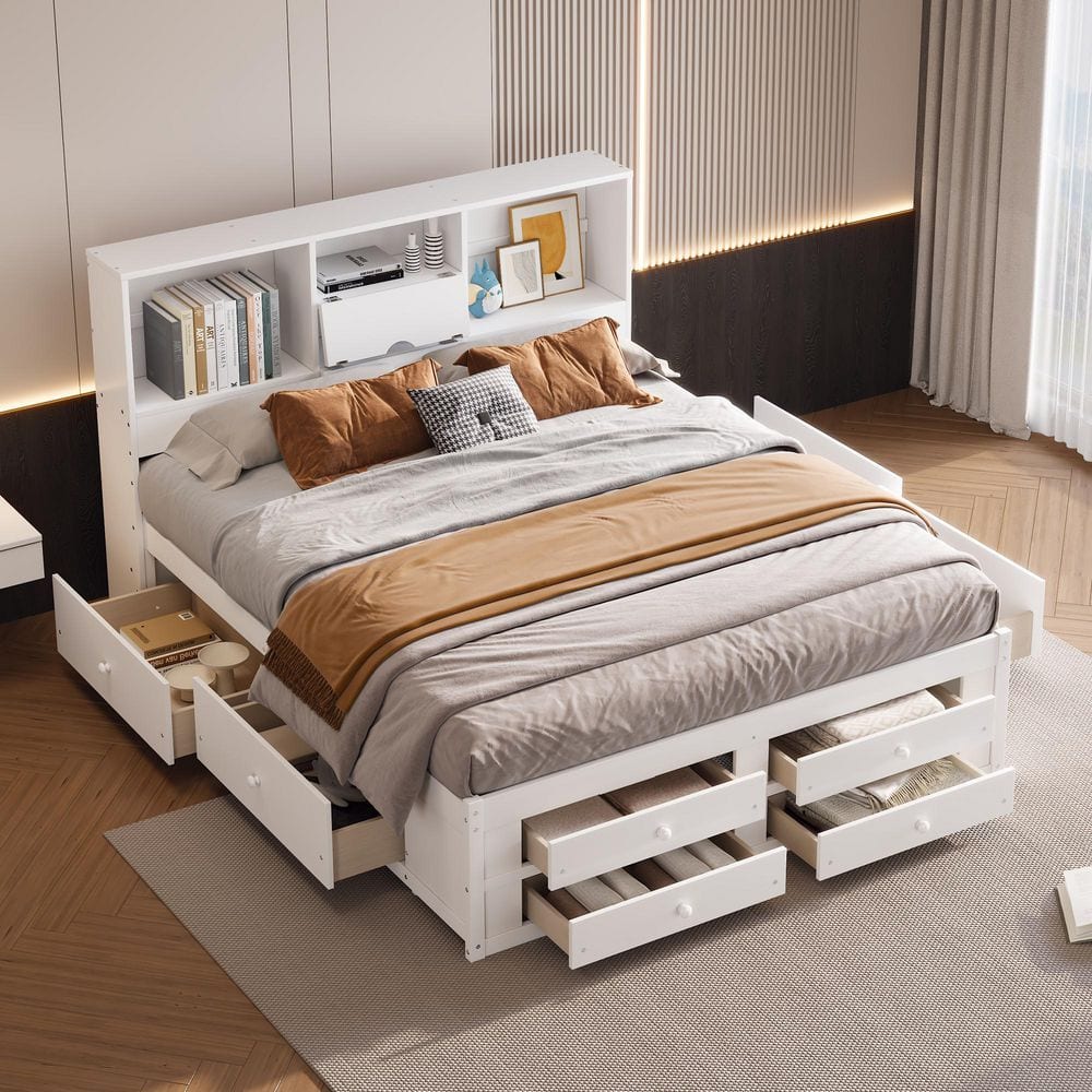 Harper & Bright Designs White Wood Frame King Size Platform Bed