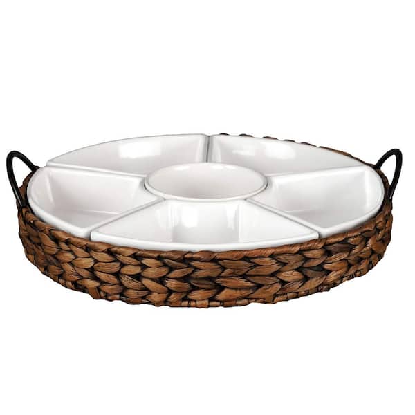 15.5 in. 6-Compartment White Divided Serving Dishes, 7-Set Gold Platters for Parties, Portable Handle, Easy to Clean