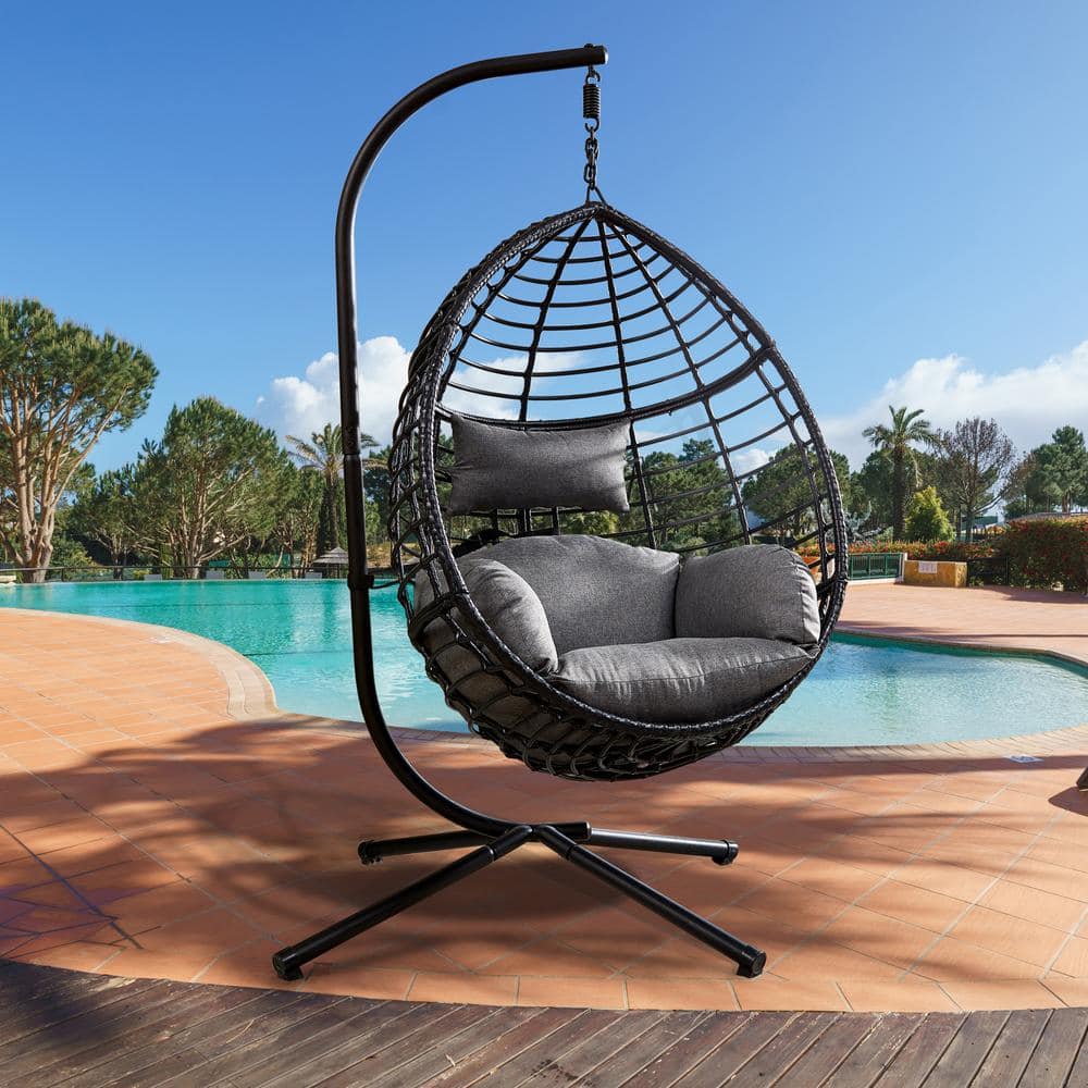 Flash Furniture Cleo Patio Hanging Egg Chair, Wicker Hammock with Soft Seat Cushions & Swing Stand, Indoor/Outdoor Gray Frame-Gray Cushions