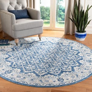 Brentwood Navy/Light Gray 5 ft. x 5 ft. Round Multi-Floral Geometric Border Area Rug