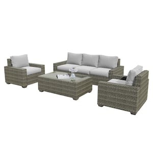 6-Piece Rattan 5-Seat Wicker Outdoor Sectional Seating Group Lightgray Cushion and Glass Table, Patio Furniture Sets