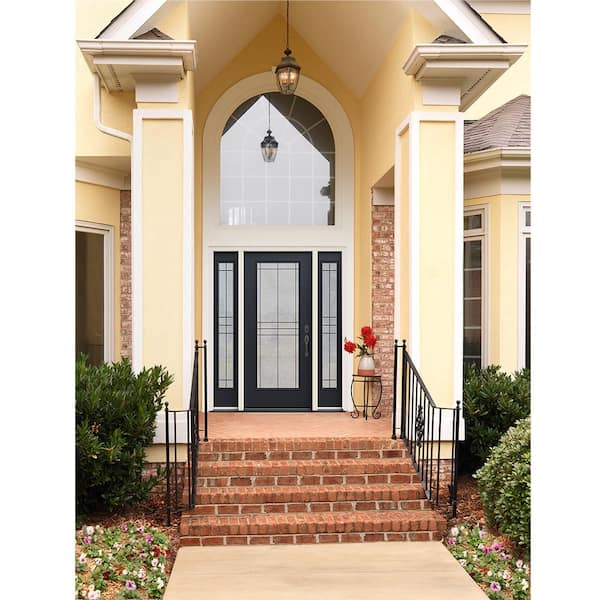 60 in. x 80 in. Left-Hand/Inswing Full Lite Dilworth Decorative Glass Black Steel Prehung Front Door with Sidelites
