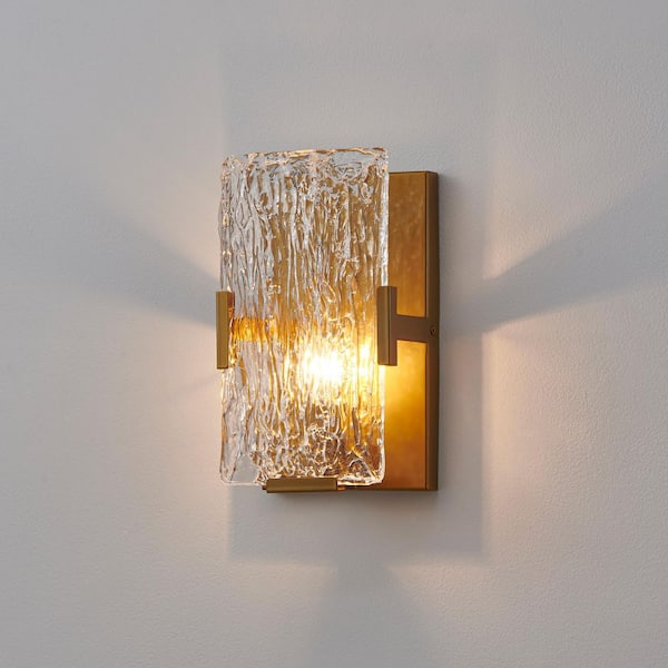 1-Light Gold Wall Sconces with Clear Textured Glass Shade