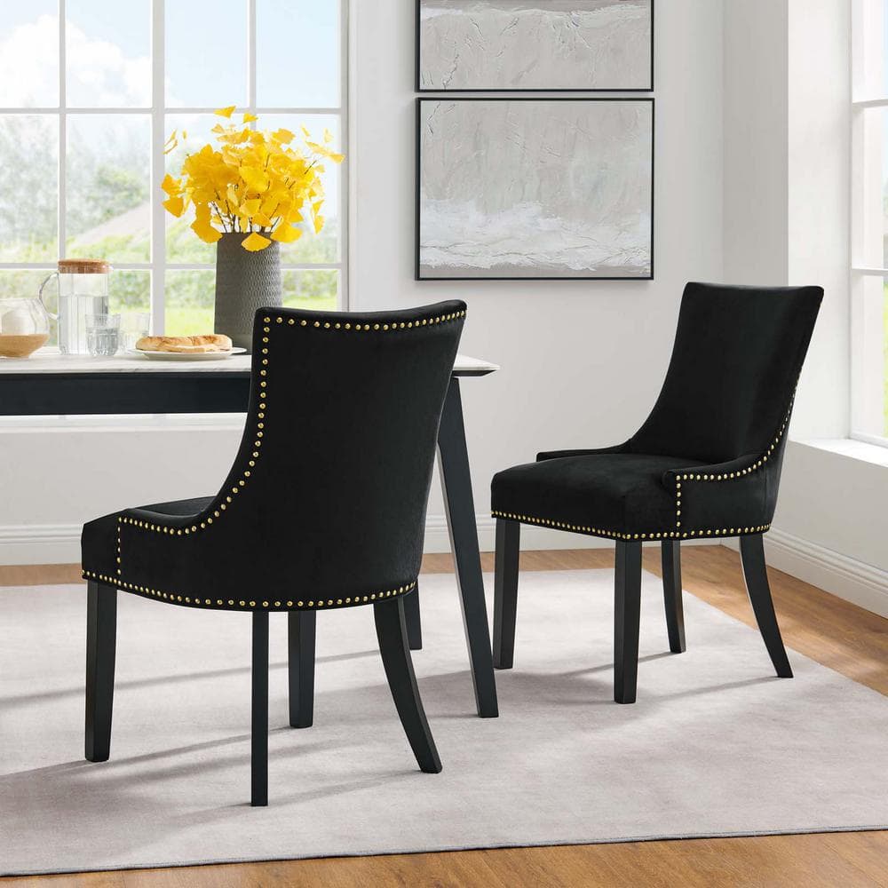 Marquis Hourglass Black Velvet Upholstered Side Chair with Wood Legs