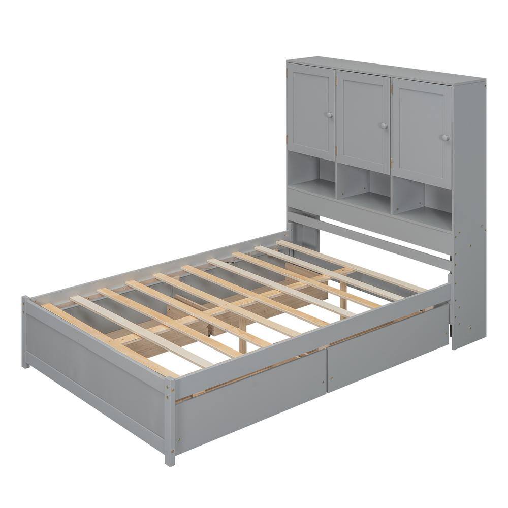 Qualler Gray Wood Frame Full Size Platform Bed with Storage Headboard ...