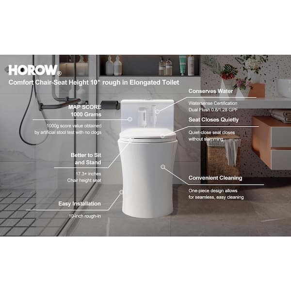 HOROW ADA Elongated Map 1000G Dual Flush One Piece Toilets For Bathrooms  Comfort Height 