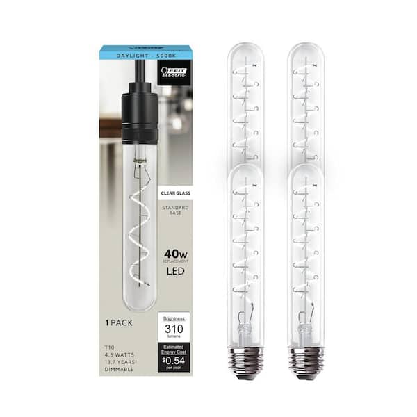 40-Watt Equivalent T10 Dimmable Spiral Filament Large Clear Glass E26 Vintage Edison LED Light Bulb, Daylight (4-Pack)