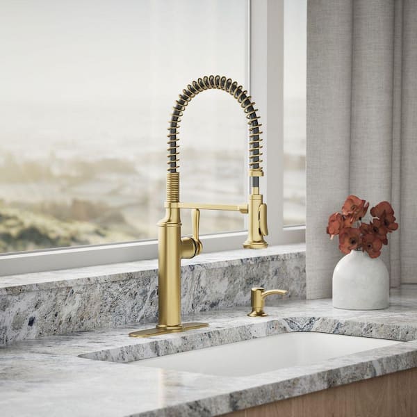 Sous Pro-Style-Single Handle Pull Down Sprayer Kitchen Faucet in Vibrant Brushed Moderne Brass