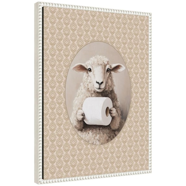 Sylvie "Cute Sheep and Toilet Paper" by The Creative Bunch Studio Bath Framed Canvas Art Print 24 in. x 18 in.