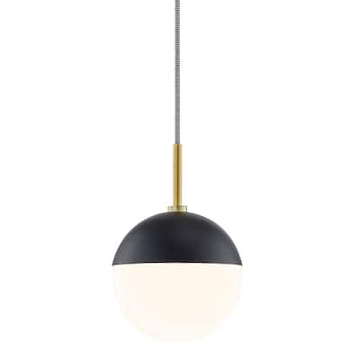 Renee 1-Light Aged Brass/Black Pendant with Opal Glossy Shade
