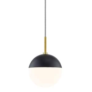 Renee 1-Light Aged Brass and Black Pendant Light with Opal Glossy Shade