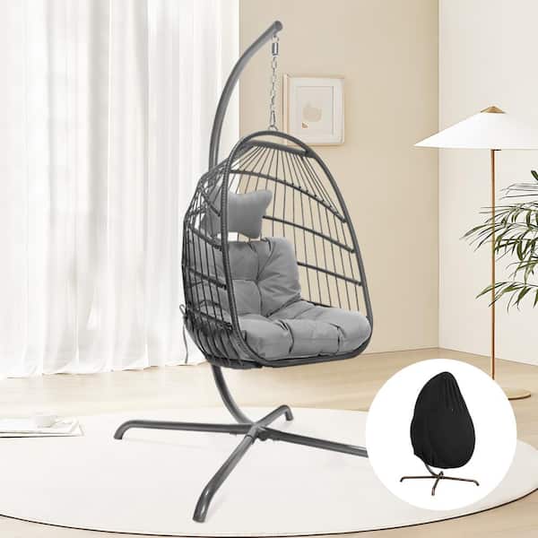 NICESOUL Foldable 350 lbs 1 Person Gray Wicker Porch Swing with Stand and Gray Custion with Chair Cover