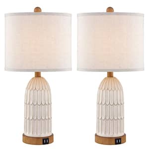Haslett 22 in. Milky White Resin Table Lamp Set with Linen Shade and 2 USB Ports (Set of 2)