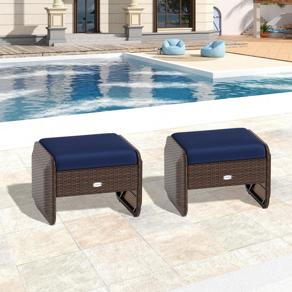 Brown Wicker Outdoor Ottoman with Navy Cushion
