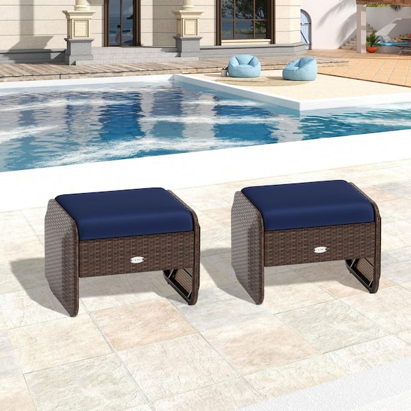 Liviza Brown Wicker Outdoor Ottoman with Navy Cushion