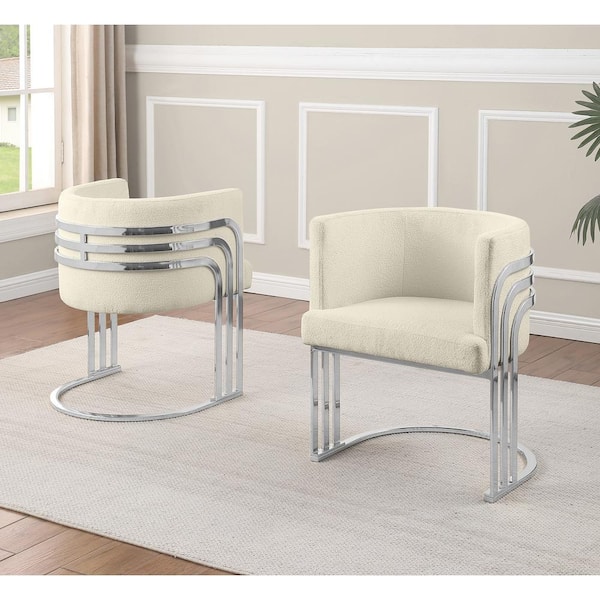 Best Quality Furniture Cora Cream Teddy Fabric Side Chair Set of 2 With Chrome Base