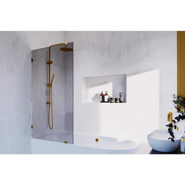 Ursa 34 in. W x 58.25 in. H Single Fixed Panel Frameless Bathtub Door in Satin Brass with Gray Tinted Glass