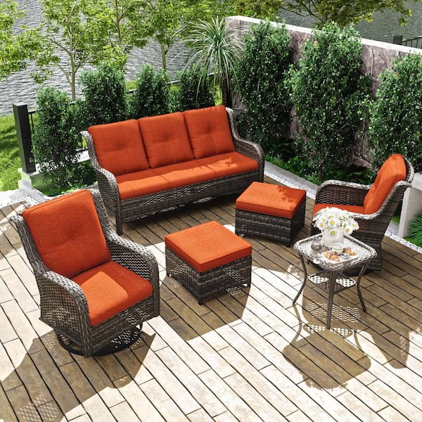 6-Piece Brown Wicker Patio Conversation Set Outdoor Couch Set with Orange Cushions