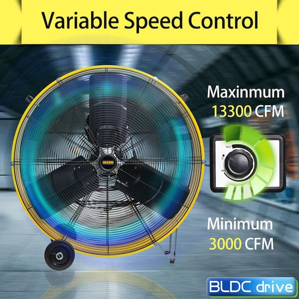 30 in. Heavy Duty High Velocity Barrel Floor Drum Fan in Yellow with DC Brushless Motor, Variable Speeds, 13,300 CFM