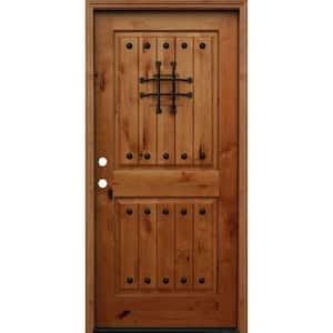 36 in. x 80 in. Rustic 2-Panel Square Top V-Grooved Stained Knotty Alder Wood Prehung Front Door with 6 in. Wall Series
