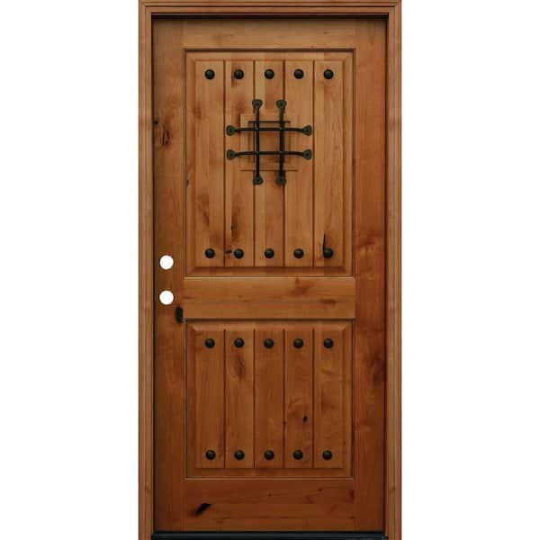 Pacific Entries 36 in. x 80 in. Rustic 2-Panel Square Top V-Grooved Stained Knotty Alder Wood Prehung Front Door with 6 in. Wall Series