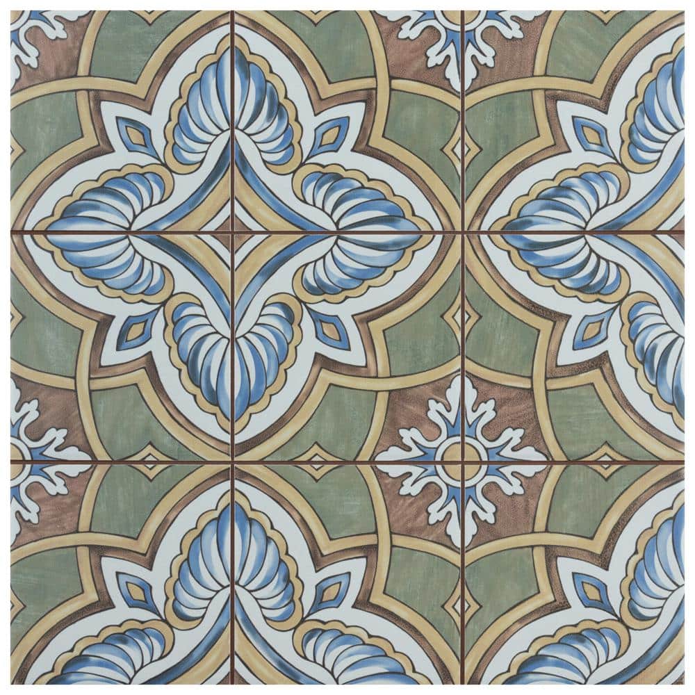 Harmonia 13" x 13" Green and Blue Ceramic Patterned Tile