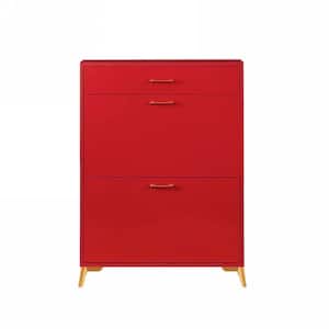 32 in. W x 10 in. D x 43 in. H Red Linen Cabinet Shoe Storage Cabinet with Flip-Top Drawers and Metal Leg Rack