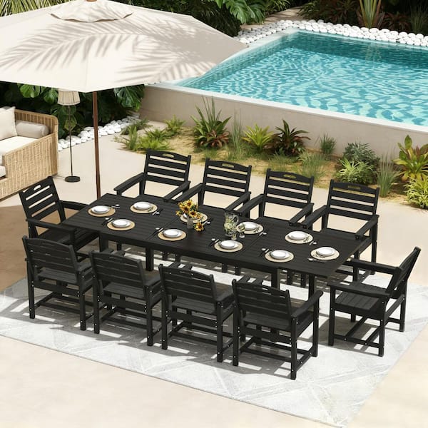 11-Piece Aluminum Rectangular Outdoor Dining Set, Extendable Patio Table with Umbrella Hole and 10 HDPE Patio Chairs