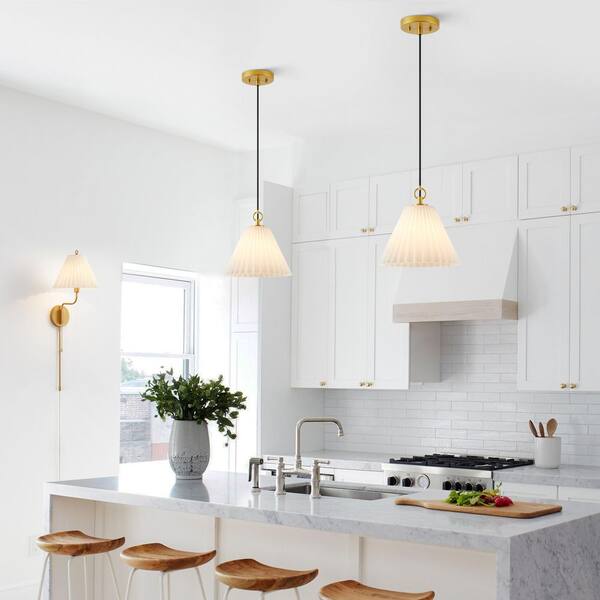 10 in. 1-Light Painted Gold Dimmable Outdoor Pendant Light with Opal Glass Shade