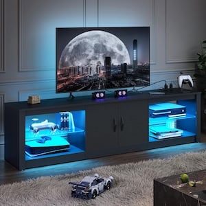 70 in. Black Carbon Fiber TV Stand Fits TV's Up to 75 in. Entertainment Center with Power Outlets and Cabinets