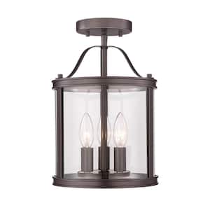 8.86 in. 3-Light Oil Rubbed Bronze Industrial Semi-Flush Mount with Clear Glass Shade
