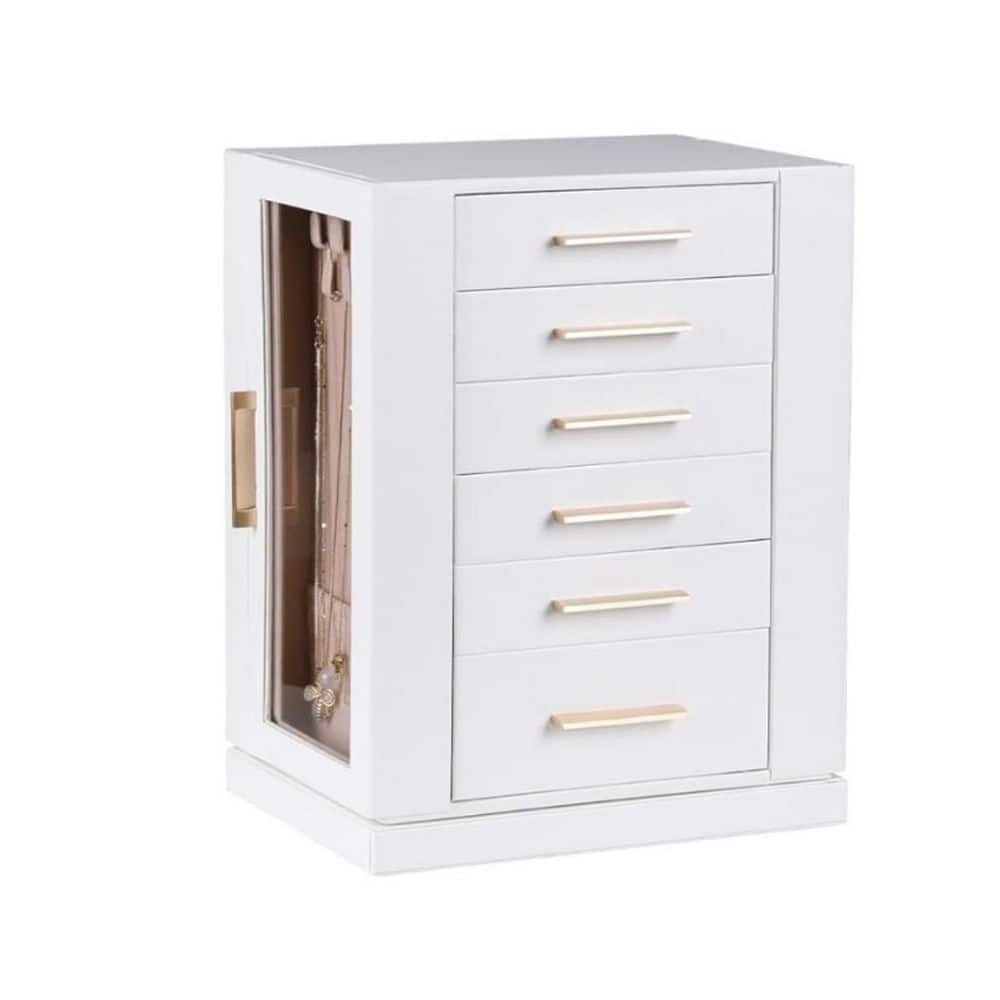 White PU leather 360° rotating jewelry box with 6 drawers and