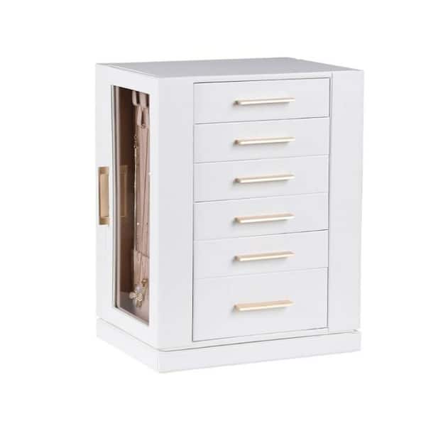 White PU leather 360° rotating jewelry box with 6 drawers and