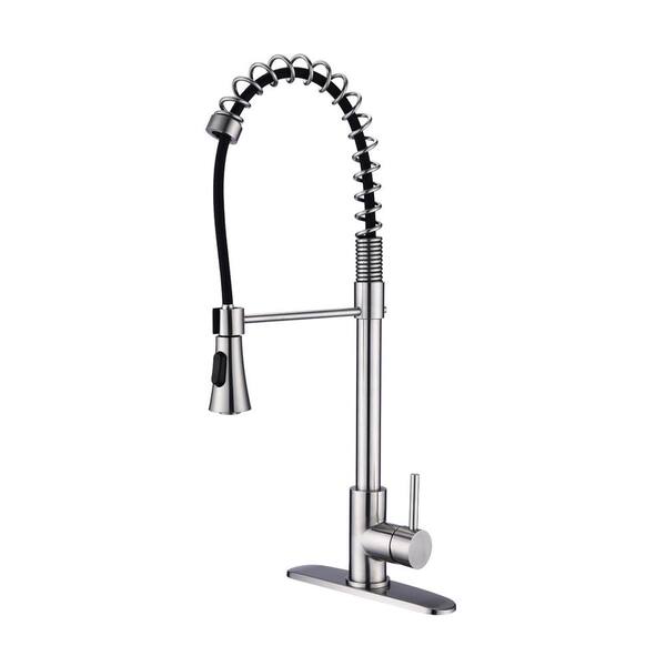 Satico Single Handle Pull Down Sprayer Kitchen Faucet with High Arc Spring Spout in Brushed Nickel