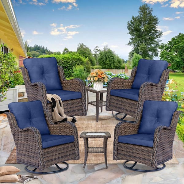 Brown 6 Piece Wicker Patio Conversation Set Swivel Rocking Chairs with Side Table and Navy Blue Cushions