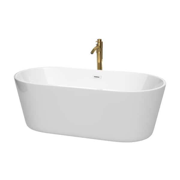 Wyndham Collection Carissa CD 67 in. x 31.5 in. Soaking Bathtub with Center Drain in White with Shiny White Trim and Brushed Gold Faucet